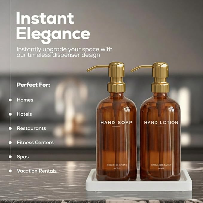 Luxury Glass Soap and Lotion Dispenser Set with Tray by Brighter Barns - Hand Soap Dispenser Bathroom Set w/Stainless Steel Pump - Gold Bathroom Decor for Guest House, Airbnb, Spa, Gift (Amber/Gold)
