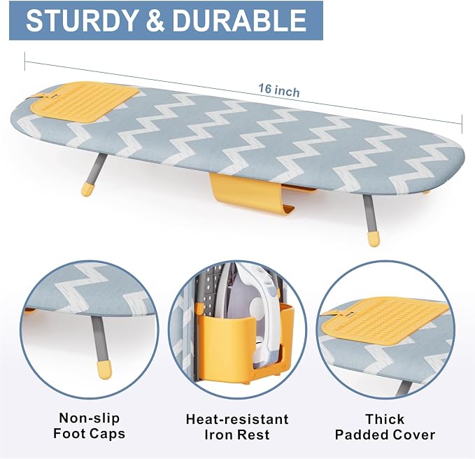 Small Ironing Board, Foldable Tabletop Ironing Board with Iron Holder and Silicone Iron Rest Pad for Small Spaces