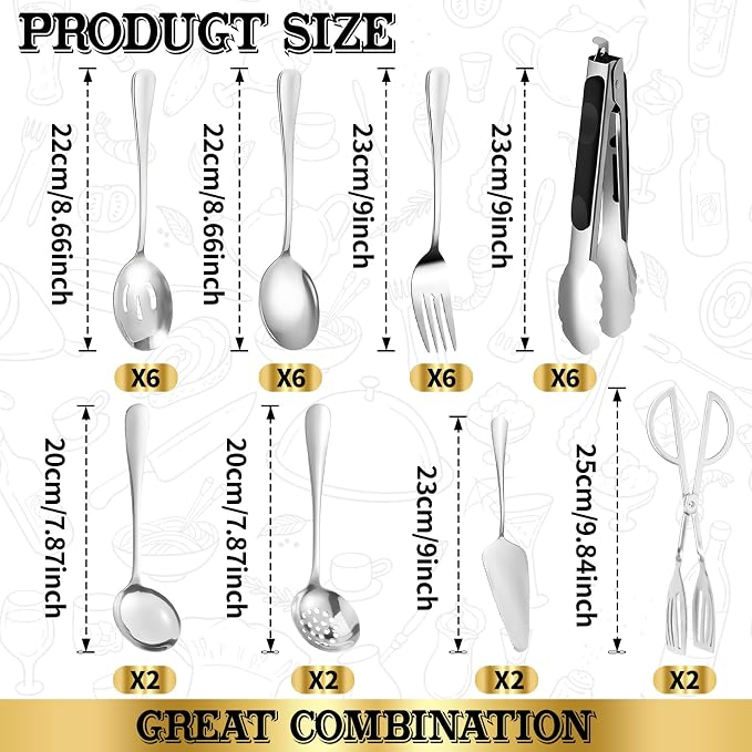 32 Piece Stainless Steel Serving Utensils Set - Complete Buffet Serving Spoons, Tongs, Ladles, Spatulas for BBQ, Parties, Weddings, Catering and Events (Silver)