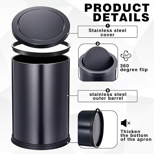 Maxdot 2 Pcs 2.4 Gallon/9 L Black Bathroom Trash Can with Flip Lid and Toilet Brush Set, Small Luxury Stainless Steel Garbage Trash Can Wastebasket Bin for Home Office Hotel Bathroom Bedroom Kitchen