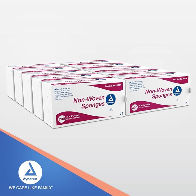 Dynarex Non-Woven Sponges, Non-Sterile, Gauze Sponges, Highly-Absorbent and with Less Linting, 4"x 4", 4 Ply, 1 Case of 2000 (10 Boxes of 200) [Packaging May Vary]