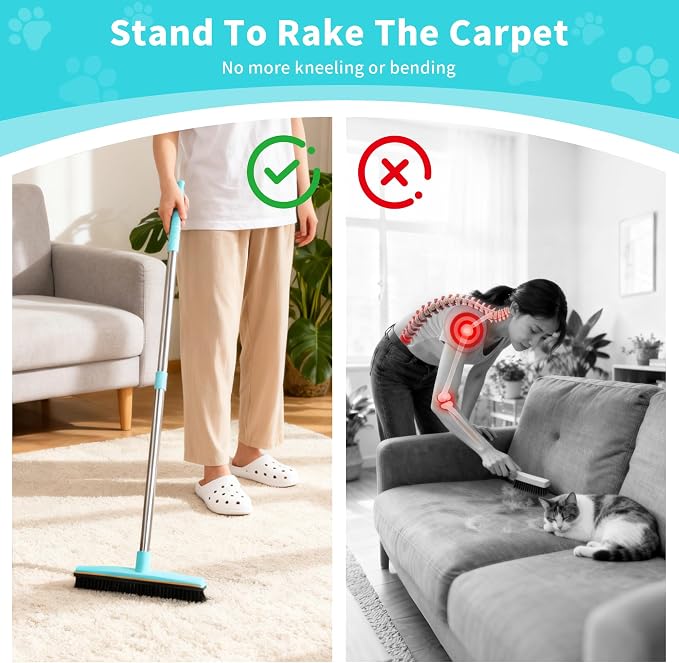 3 in 1 Carpet Rake for Pet Hair Removal Tool, Rubber Broom 58 Inch Adjustable Long Handle Carpet Scraper for Dogs and Cats, Carpet Brush Lint Remover for Carpets, Rugs, Mats, Couch