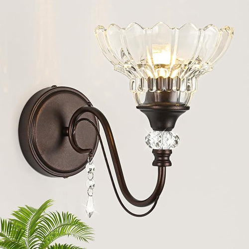 1 Piece Oil Rubbed Bronze Finish Wall Sconce, 1-Light Modern Wall Sconce with Hanging Crystal Accents and Flower-Shaped Clear Shades for Bathroom Bedroom Living Room,Modern Vanity Light