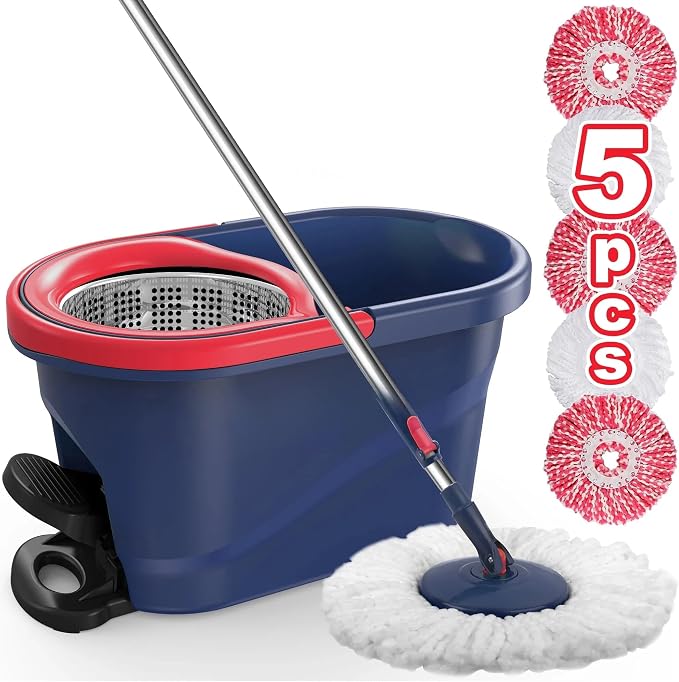 Spin Mop and Bucket with Wringer Set, 360° Rotating Microfiber Mop, Adjustable Handle, Hands-Free Wringing, Reusable Mop Heads (Red mop and Bucket + 5 mop Head)