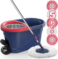 Spin Mop and Bucket with Wringer Set, 360° Rotating Microfiber Mop, Adjustable Handle, Hands-Free Wringing, Reusable Mop Heads (Red mop and Bucket + 5 mop Head)