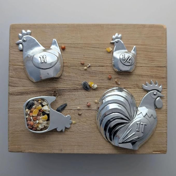 Roosters & Hens 4-Piece Pewter Measuring Spoon Set by Roosfoos, Handmade in the USA