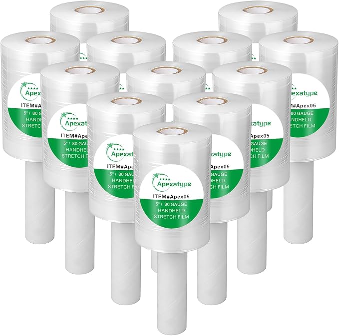 Plastic Shrink Wrap Roll, 5" x 1200', 12 Rolls | 80 Gauge, 500% Stretch, With Handles, Stretch Film WrapFor Moving, Shipping, Packing, Pallet & Furniture Protection