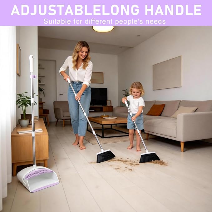 Broom with Dustpan Combo Set for Home, 52-in Long Adjustable Handle Angle Broom and Dustpan Set with Dustpan Comb Teeth for Sweeping Pet Hair Food Dirt Kitchen (White-Purple)