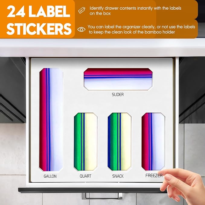 Bamboo Ziplock Bag Storage Organizer for Drawer -White, 5 in 1 Baggie Organizer with 24 Labels - Fits Gallon, Quart, Sandwich & Snack Bags - Wall Mountable Kitchen Drawer Organizer, 3in