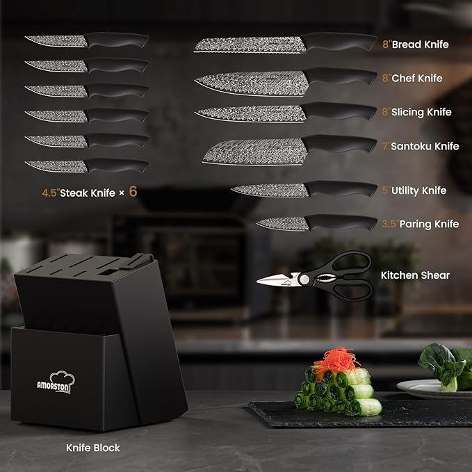 Knife Set, 15-Piece Kitchen Knife Set with Built-in Sharpener Block, German High-Carbon Stainless Steel, Dishwasher Safe, for Home Cooks and Everyday Meal Prep