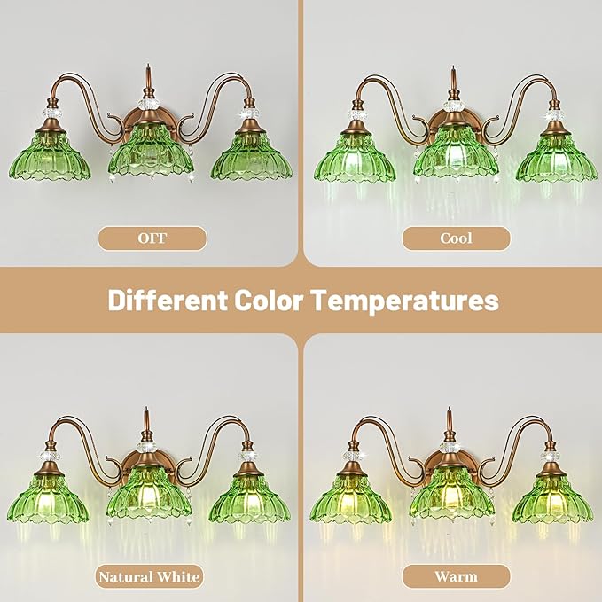 Vintage Bathroom Vanity Light, 3-Light Matte Antique Brass Finish Wall Sconce with Hanging Crystal Accents and Flower-Shaped Green Glass Shades, Retro Wall Mount Vanity Light Over Mirror for Bathroom