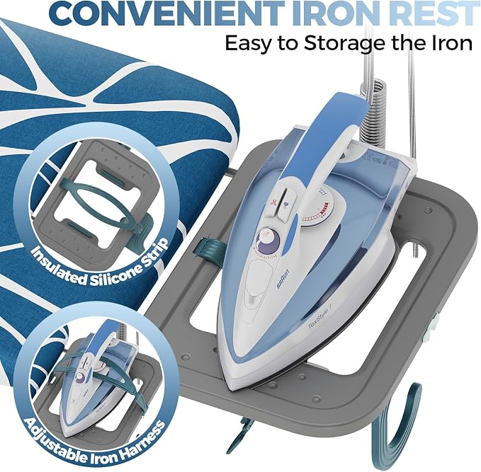 APEXCHASER Ironing Board Standard Size, Iron Board and Ironing Board Set Height Adjustable, Foldable Ironing Boards Standard Size, Iron Table Stand with Iron Rest and Garment Rack, 13" x 43" Blue