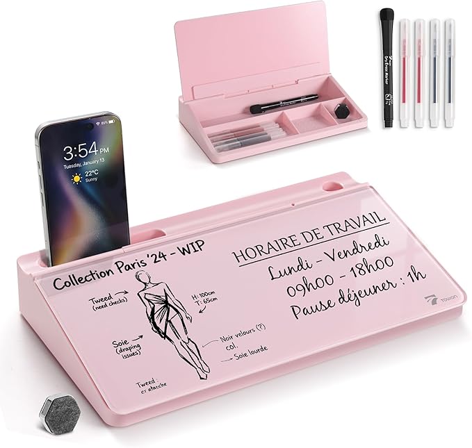 TOWON Small Compact Glass Desktop Whiteboard with Storage – 12 x 7 in Dry Erase Board for Desk, Home Office, School | Includes 5 Markers, Eraser & Holder | Space-Saving Organizer, Aesthetic Pink