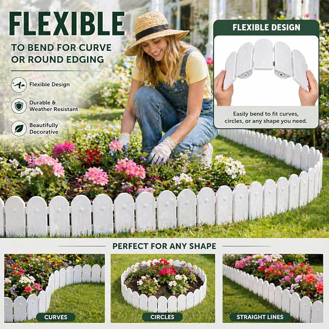 Garden Border Edging: Wooden Fence Design - 16pcs White Yard Landscaping Fence Liner Lawn Edge Barrier - 20ft Kit of Decorative Lawn Landscape Panels Elements-Landscaping Edging-GMT-10374-D16