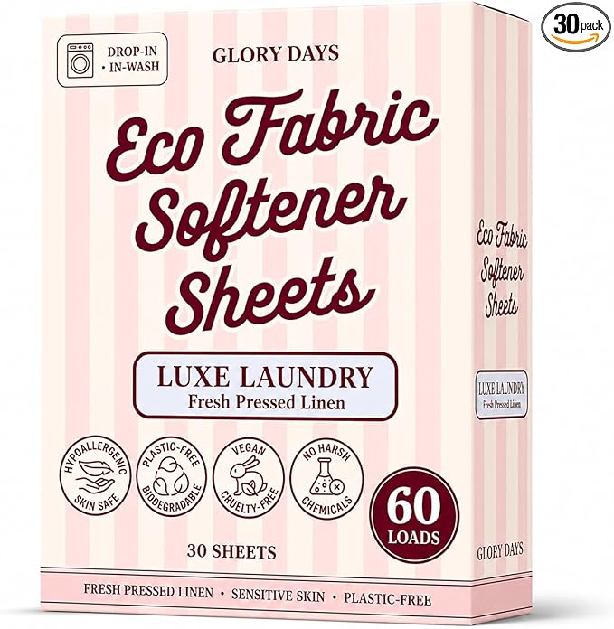Glory Days Fabric Softener Sheets for Washer - Fresh Linen Scent, Replaces Liquid Softener, Plant-Based, Plastic-Free, Eco Friendly, 60 Loads