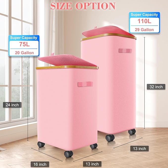 Laundry Hamper with Wheels,20 Gal (75L) Laundry Basket with lid Rolling Clothes Hamper Foldable Dirty Clothes Basket on wheels with Bamboo Frame and Bag for Bedroom, Dorm, Laundry Room-Pink