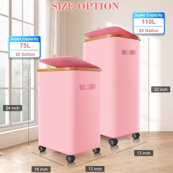 Laundry Hamper with Wheels,29 Gal (110L) Laundry Basket with lid Rolling Clothes Hamper Foldable Dirty Clothes Basket on wheels with Bamboo Frame and Bag for Bedroom, Dorm, Laundry Room