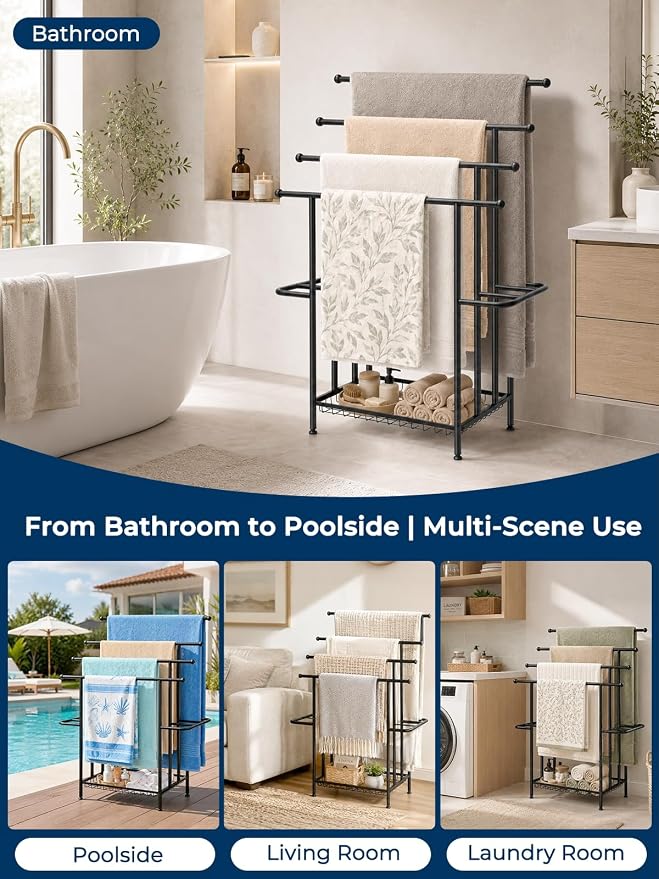 Haturi 4-Tier Free Standing Towel Rack for Bathroom, 45.3" H Black Metal Towel Drying Rack, 18.1" W with Storage Basket, Outdoor Pool Towel Holder for Oversized Towels & Blankets