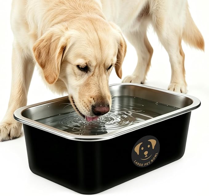 1.25 Gallons Large Stainless Steel Dog Water Bowl, High Capacity Metal Dog Food Bowls, Outdoor Dog Bowl Food and Water, X-Large, and Big Dogs & Cat, Black