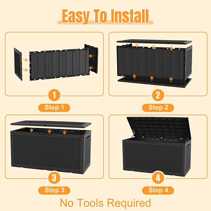 Outdoor Storage Box, 160 Gallon Waterproof Resin Deck Box with Support Rod | UV Resistant Lockable Package Delivery Bin, Shoe, Patio & Garden Tools Storage, Toy Cabinet, Ottoman, Indoor/Outdoor