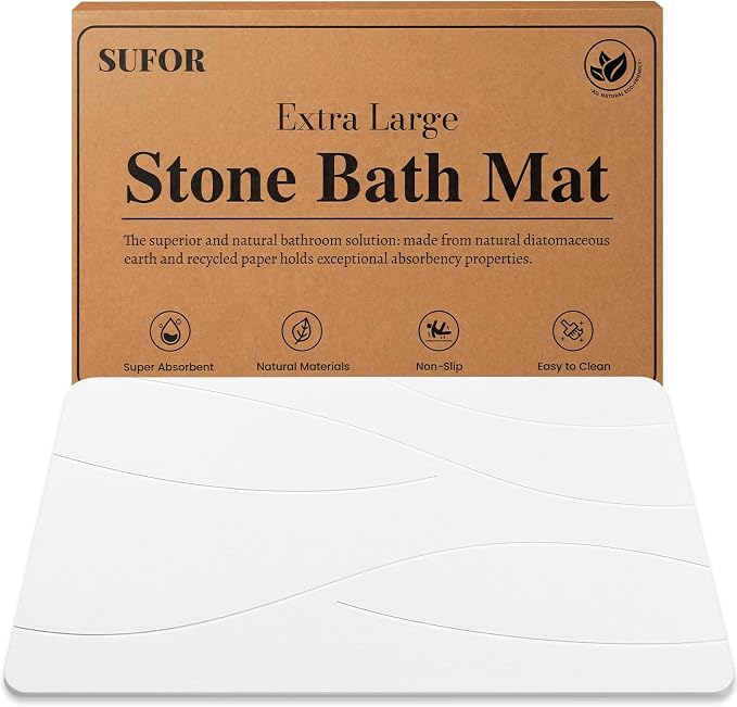 32"x20" Stone Bath Mat, Diatomaceous Earth Shower Mat, Non-Slip Super Absorbent Quick Drying Bathroom Floor Mat, Natural, Easy to Clean (Milky White)
