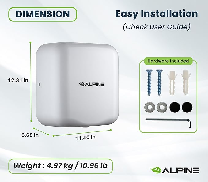 Alpine Industries Commercial Automatic Hand Dryer - High Speed Air Hand Dryer for Home, Restaurant, Bathroom, and High Traffic Areas. 1800 Watts / 110-120 Volts (White)