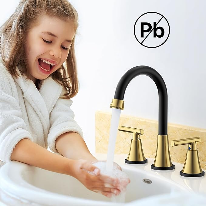 Bathroom Faucets for Sink 3 Hole, Hurran Black& Gold Bathroom Sink Faucet with Pop-up Drain and Supply Lines, Stainless Steel Lead-Free Widespread Faucet for Vanity RV, 2 Pack