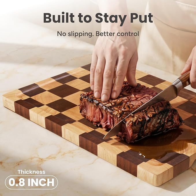 SMIRLY Cutting Board for Kitchen, 3 Pcs Rubberwood Cutting Board with Stand | Non Toxic Checkered Cutting Board with Juice Grooves and Handles, Multiple Sizes Wood Chopping Boards for Meal Prep
