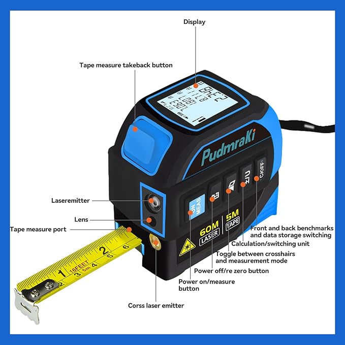 4-in-1 Laser Tape Measure 196.85Ft Laser Ranging 16.4ft Auto-Locking Tape Measure with Backlight LCD Screen, Area, Volume Measurement, Pythagorean Mode, Ft/in/m Unit Switching