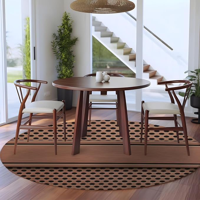 8 Ft Round Rug for Large Living Room, Brown Metal Hole Indoor Accent Rugs for Apartment, Copper Net Eye Hole Pattern Decorative Circle Carpet Washable Low Pile Non Slip, Rug for Bedroom/Office