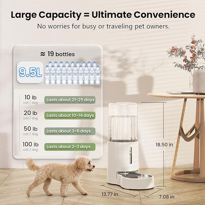 CZPET Dog Water Bowl Dispenser 9.5L, Wider Mouth Gravity Refilling (White) | With Stainless Steel Bowl Gravity Waterer, Large Capacity and Drinking Area Noise-Free for Pets
