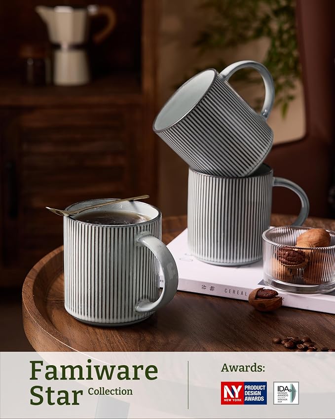 famiware Coffee Mug Set for 4, Star 16 oz Catering Mugs Cup Set with Handle for Coffee, Tea, Cocoa, Milk - Ceramic Stoneware Drinkware Set, Smoky Blue