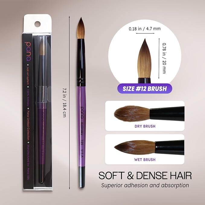 Professional Purple Wood Kolinsky Acrylic Nail Brush (Size: 6, 8, 10, 12, 14, 16, 18, 20, & 22) Pana Pure Kolinsky Hair (Size 12)