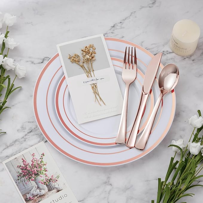 BESTVIP 600PCS Plastic Dinnerware Set (100 Guests), Rose Gold Disposable Plates for Party, Wedding, Christmas, Anniversary, Includes: Dinner Plates, Dessert Plates, Cups, Spoons, Forks and Knives
