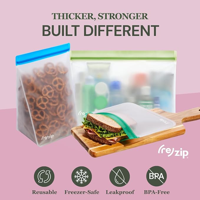 (re) zip Gallon Reusable Bags | BPA-Free, Food Grade, Leakproof, Freezer and Dishwasher Safe | Holds 16 Cups / 128 Fl Oz | 8-Pack (Clear)