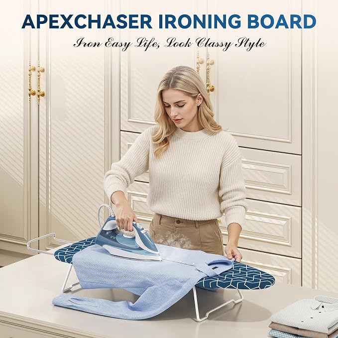 Small Ironing Board Tabletop with Heat Resistant Cover, Compact Mini Ironing Board (with Iron Rest) & Metal Frame, for Dorm, Apartment, Hook for Hanging, Iron Board 12x30, Iron Table Stand Dark Blue