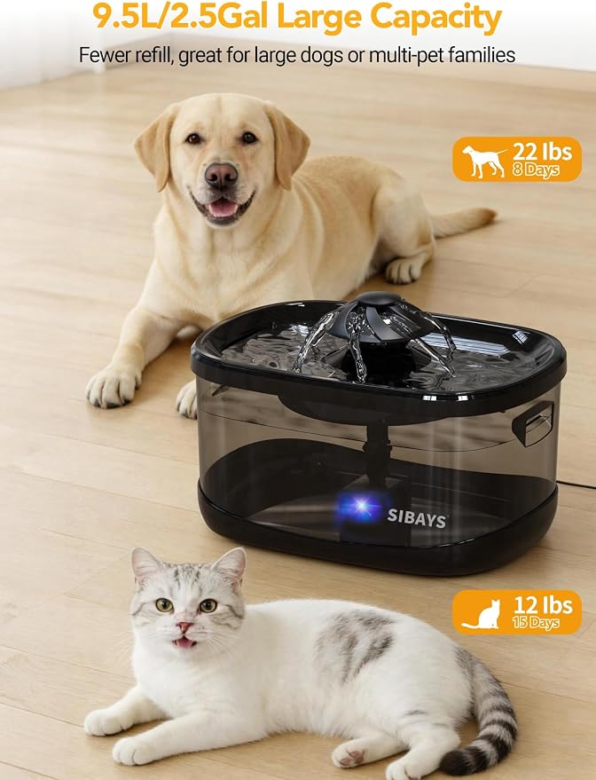 SIBAYS 9.5L/2.5Gal Dog Water Fountain, 3 Flow Modes Automatic Pet Water Fountain with LED Light & Water Shortage Reminder, Ultra Quiet Dog Water Bowl Dispenser for Large Dogs & Multi-Pet (FS82, Black)