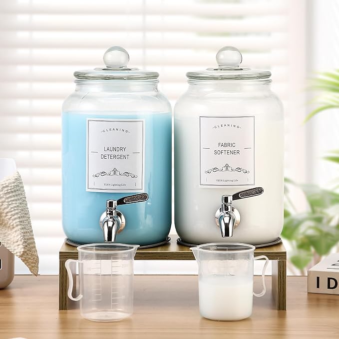 2-Pack Glass Laundry Detergent Dispenser with Stand, 106oz Leak-Proof Glass Fabric Softener Dispenser- Laundry Soap Dispenser-Reusable Container for Kitchen & Bathroom Storage