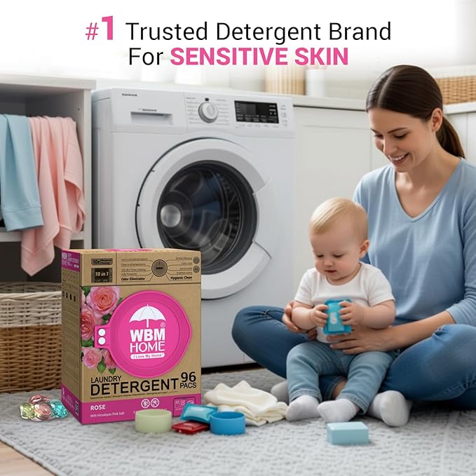 WBM Home 10-in-1 Laundry Pods, Total 96 Count, Ultra Concentrate with Powerful Stain Lifter Technology, Fabric Softener With Rose Extracts, Detergent Pods