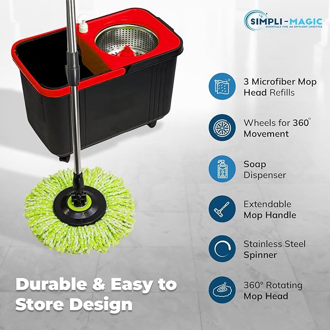 Simpli-Magic 360° Spin Mop and Bucket with Wringer – 3 High-Absorbent Microfiber Washable Heads, Soap Dispenser – Spinning Mop and Bucket Set for All Types Floor Cleaning