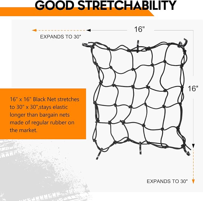 16" x 16" Heavy Duty Bungee Cargo Net Stretches to 30" x 30"-Latex Truck Bed Mesh,Luggage Tie-Down Net with 6Pcs Free Adjustable Hooks Motorcycle Bike Roof ATV SUV Trailer