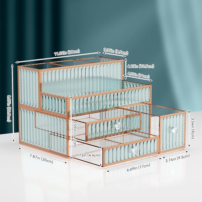Youdepot Makeup Organizer Countertop - Tempered Glass Vanity Organizer for Cosmetics, Skincare, Hair Tools, Brushes, Perfume - Multipurpose Bathroom Counter Skincare Organizer