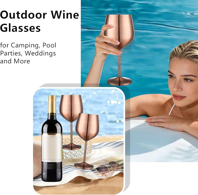 UNISWEET Unbreakable Stainless Steel Wine Glasses Set of 2, Red Copper | 17oz Unique Fancy Metal Wine Goblets, Shatterproof, Ideal for Outdoor, Camping, Travel, Pool, Great Gift for Wine Lovers