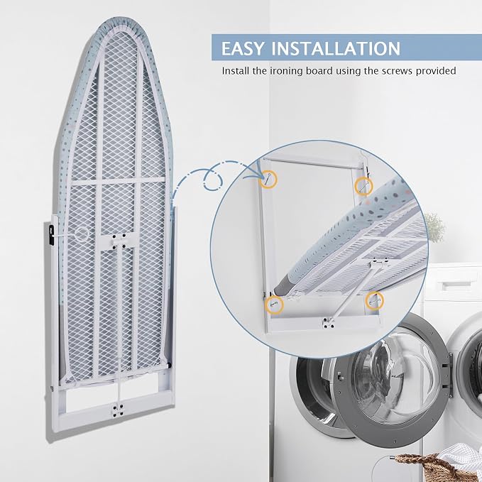 SheeChung Wall Mount Ironing Board 36"X12",Compact Wall Ironing Board,Blue | Removable Cotton Cover and Pad,Fold Down Ironing Board,Steel Mesh,Easy-Release Lever,Fits for Small Space Laundry Apartment