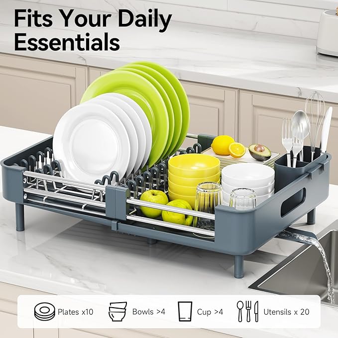 Urackify Stainless Steel Dish Drying Rack - Dish Drainer for Kitchen Counter, Extendable Drainboard with Foldable, Space-Saving Cup & Bowl Organizer, Includes Knife and Utensil Holder, Matte-Green