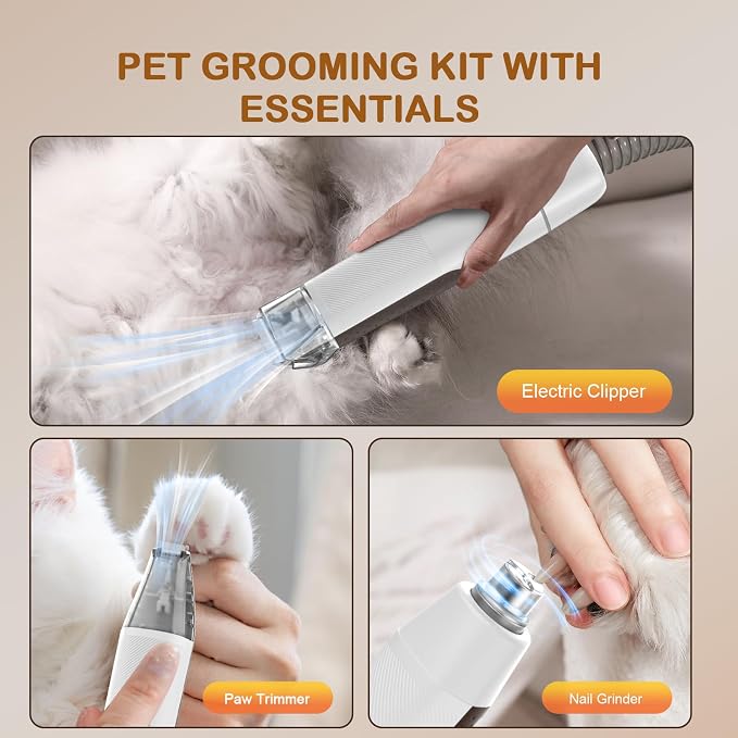 Dog Grooming Vacuum, Dog Grooming Kit with Pet Clipper Nail Grinder, 3 Suction Modes Dog Brush Vacuum with 6 Pet Grooming Tools（Nut Brown）