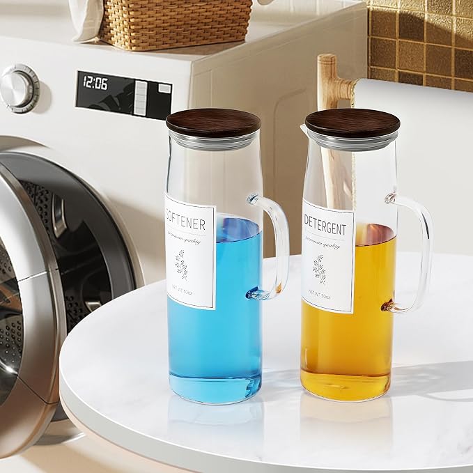 Laundry Detergent Dispenser Set with Bamboo Lids and Handles - Easy Pour 2 Pack 50 oz Liquid Laundry Containers for Laundry Room Organization and Decor