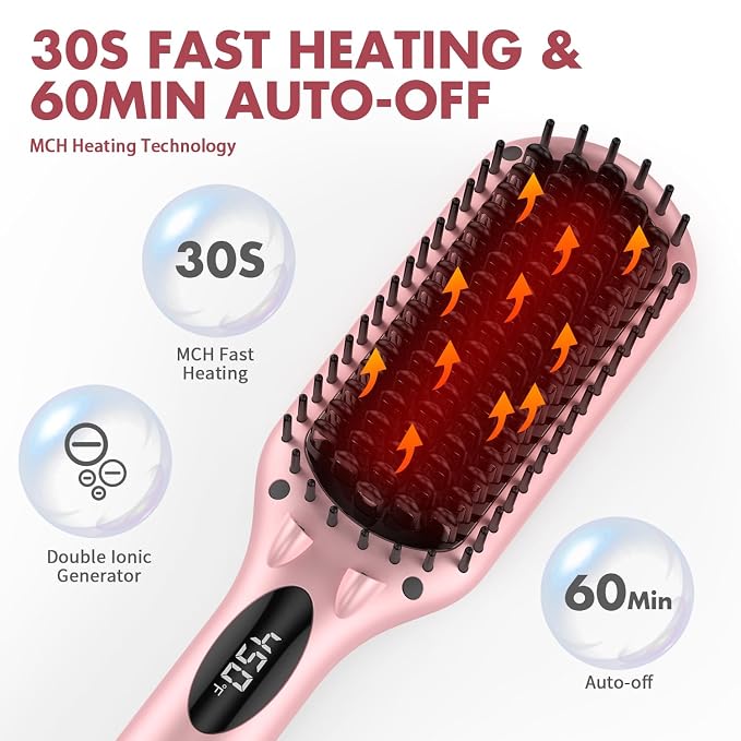 Enhanced Hair Straightener Heat Brush by MiroPure, 2-in-1 Ceramic Ionic Straightening Brush, Hot Comb with Anti-Scald Feature, Auto Temperature Lock & Auto-Off Function (Pink) 4 Piece Set