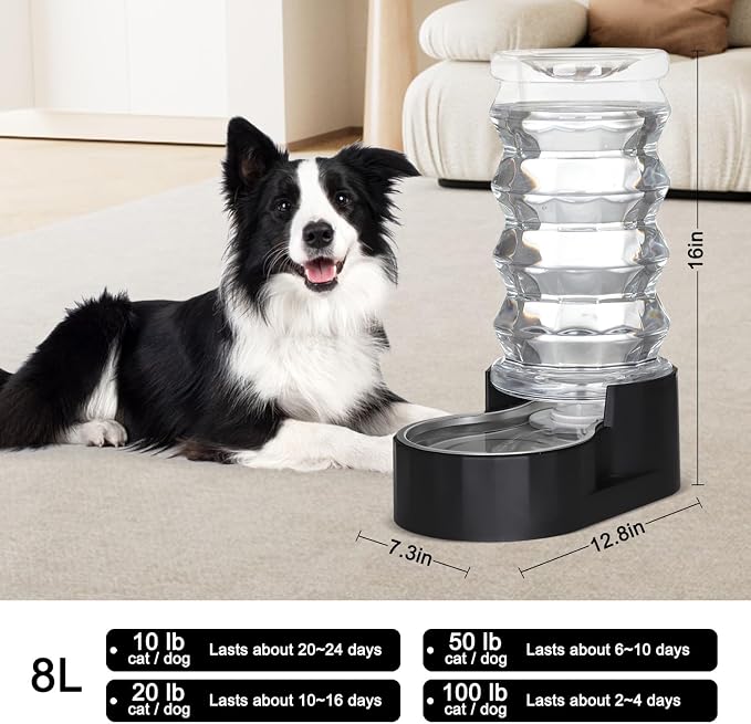 RIZZARI 8L Dog Water Bowl Dispenser:Spill Resistant Multi Pet Solution | Cleaner Drinking Water / Dishwasher Safe Bowl / Auto-Refill with No Pump / Spill Resistant / No Electricity