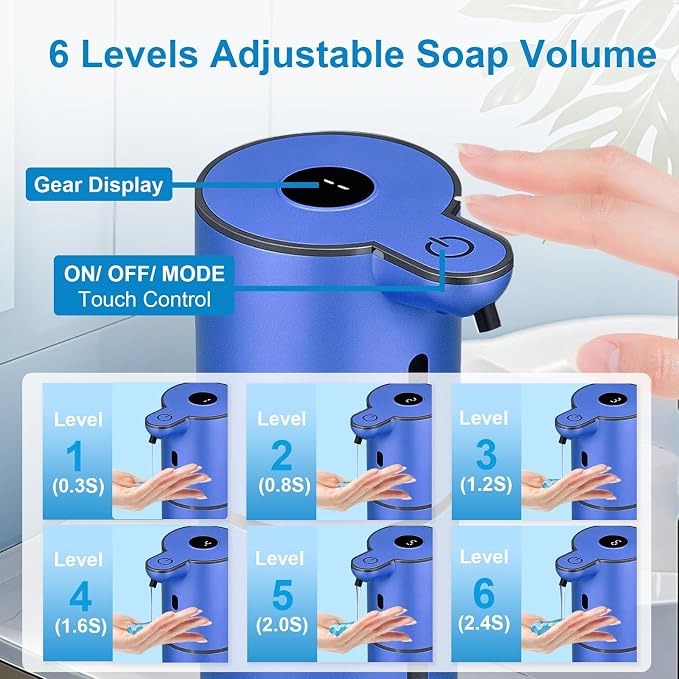 OHIFAST Automatic Liquid Soap Dispenser Touchless, USB Rechargeable Smart Hand Soap Dispenser, 6-Level Adjustable, 12.8oz/380mL Wall Mounted for Bathroom Kitchen Accessories Dish Soap-Blue